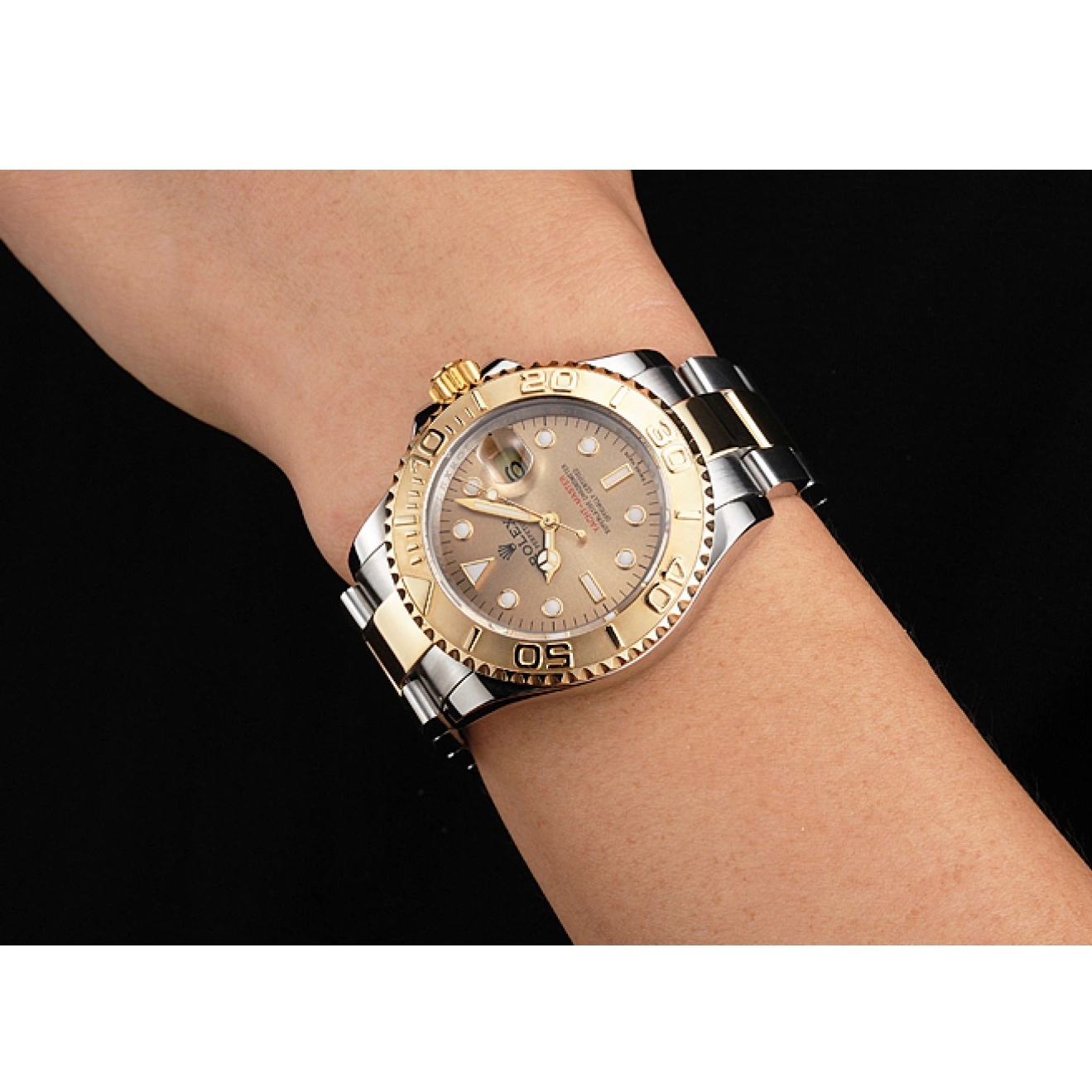 Aaa replica watch Two Dial Rolex Case Swiss Steel Tone Dial Stainless Gold Yacht-Master Gray Bezel 0525